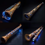 **natural wood didgeridoo-trumpet hybrid instrument, many small steel trumpet valves, protruding metal trumpet valves, dark background, high-tech cyber didgeridoo trumpet, futuristic design, cyber aboriginal artwork, sidelit, thin blue neon striplights, silver didgeridoo --v 6.0** - <@994500001264840706> (fast)
-# Create, explore, and organize on [midjourney.com](<https://midjourney.com/imagine?from_discord=1>)