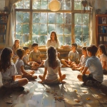 **A realistic classroom scene showing students of diverse backgrounds participating in a morning gratitude circle some sharing kind words, others listening attentively. Warm natural light fills the room, evoking connection and calm. The teacher stands among them, engaged as an equal, symbolizing unity and daily compassion in education. --v 6.0 --s 750** - Image #1 <@1090630909448949831>