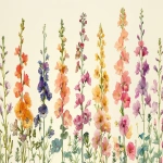 **A delicate watercolor painting of various pastel-colored wildflowers, including larkspur and violets, arranged in rows on the right side of an off-white background. The flowers have soft edges and subtle shading to give them depth. --ar 128:75 --v 6.0 --s 250** - Image #1 <@756269320539209761>