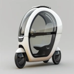 **futuristic compact electric capsule scooter, short and upright body like a standing scooter, enclosed cockpit with transparent glass all around, one front wheel and two rear wheels clearly visible, minimalist design, solar panel on top, soft matte body in beige and white, designed for one seated passenger, lightweight, urban personal mobility vehicle, 3/4 view on neutral background --ar 3:2 --v 6.0 --raw** - Image #2 <@361336964084924446>