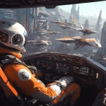 **A pilot in an orange and white spacesuit sits inside the cockpit of their spaceship. They are looking out at other ships docked behind them. Outside, we see a sci-fi cityscape, a digital painting of a futuristic concept art scene. --ar 51:64** - Image #2 <@264129597782753313>