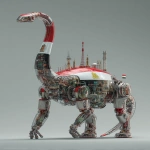 **a 3d rendered image of an industrial-style diplodocus robots with a glass chest head and iraq flag colour scheme metallic metal, an ultra-detailed illustration in the style of Atey Ghailan and Jacek Yerka, ultra-high resolution, in a dynamic pose, 4k --ar 13:20 --v 7.0** - Image #2 <@1087506013407695028>