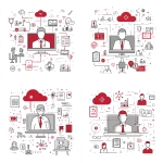 **A minimalist graphic design in red and gray colors, a big Symbol for Health, Clinic, Videoconference, legal dokuments, a cloud-computer, a screen. On a pure white background. Small icons representing law, external consultants are shown as sharp, fascinating objects. The overall composition should convey the message that secure video conferencing is maximal important. Style: Clean, modern, corporate design with sharp contrasts between red and gray elements** - Variations (Strong) by <@1092756638915629066> (fast)