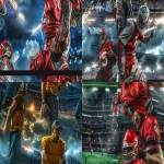 **Photorealistic sports photography of a football player coming off the bench onto the field, coach signaling substitution, starter walking off with frustration while new player looks energized and ready, dramatic stadium lights, fans cheering in the background, intense game-day atmosphere, cinematic realism, ultra detailed, sharp focus --ar 16:9 --v 6.0 --tile --no deformed faces, no extra limbs --raw** - <@189571367702757377> (fast)