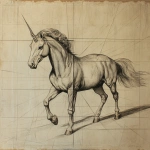 **charcoal line drawing with perspective lines by Leonardo da Vinci of an ultraviolet unicorn ukiyo-e --v 6.1** - Image #1 <@1059292469474373672>