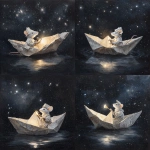 **A white folded paper boat sails through the night sky. In the boat is a silver-furred mouse wearing a folded paper cap and holding a silver sextant. The boat gives off a glowing aura. The background is a starry sky against a dark void. Ammonite amanita Highly realistic painting. --v 7.0** - Variations (Strong) by <@1071135204846096475> (fast)
