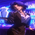 **Fuzzy 90s Anime screengrab, A night club filled with smoke and mirrors that reflect the single beauty standing back a bit walking forward, it's a woman in a business jacket and a long pencil skirt, dark brown stockings, she's carrying a tray with a large pitcher of ice, her hair midnight blue with purple tips and short cut hair ending around the shoulders, confident smile, narrow squinting blue eyes, pencil thin black eyebrows flat --ar 3:5 --niji 6** - Upscaled (Subtle) by <@372629349565988865> (fast, stealth)