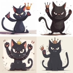 **A black cat is kicking a up a crown in one hand and casting an angry expression on its face. The illustration style is simple, with flat lines and a white background. It is a cartoon character design with a simple drawing and a clean, white background in high resolution. The entire body of the cat, including its legs, must be visible, showing only two paws on the ground. There should be no shadows or other elements to highlight the details. --ar 4:3 --v 6.0 --s 250** - <@756269320539209761> (fast)