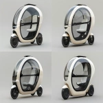**futuristic compact electric capsule scooter, short and upright body like a standing scooter, enclosed cockpit with transparent glass all around, one front wheel and two rear wheels clearly visible, minimalist design, solar panel on top, soft matte body in beige and white, designed for one seated passenger, lightweight, urban personal mobility vehicle, 3/4 view on neutral background --ar 3:2 --v 6.0 --raw** - Variations (Subtle) by <@361336964084924446> (fast)