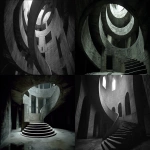 **dvd screengrab of the interior circular stone staircase in an abandoned brutalist building from the film metropolis, designed in the style of christopher nolan and shot on film with epic cinematography. --ar 72:35** - <@554549579131912202> (fast)