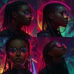 **cyberpunk black female with neon light in the background, pink and blue. She has braids and wears glasses that glow --sref <https://s.mj.run/8XXPCG8f0Jg>** - <@1174469651695144981> (fast)
-# Create, explore, and organize on [midjourney.com](<https://midjourney.com/imagine?from_discord=1>)