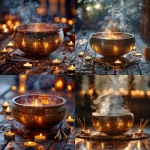 **Realistic close-up of a Tibetan sound bowl placed on a wooden meditation floor, surrounded by soft candlelight and gentle golden reflections. Two silver tuning forks rest neatly beside the bowl. Wisps of incense smoke drift in the background. The lighting is warm and diffused, with natural shadows and subtle highlights on the bowl’s rim. The setting feels calm, sacred, and minimalist no people, no clutter. Emphasize texture detail on the brass bowl, the wood grain beneath it, and the glow of the candles. Photography style: ultra-realistic, depth of field focus, peaceful atmosphere, high-resolution professional studio lighting. --v 6.0 --s 750** - <@1090630909448949831> (fast)