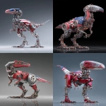 **a 3d rendered image of an industrial-style raptor robots with a glass chest head and american flag colour scheme metallic metal, an ultra-detailed illustration in the style of Atey Ghailan and Jacek Yerka, ultra-high resolution, in a dynamic pose, 4k --ar 13:20** - <@1087506013407695028> (relaxed)