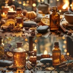 **A realistic amber glass tincture bottle rests on a wooden kitchen table surrounded by dried cardamom pods, cinnamon sticks, and orange peels. A small polished piece of granite sits nearby. The background shows a cozy November setting with a steaming cup of spiced tea, autumn leaves scattered, and soft firelight glowing. --v 6.0 --s 750** - <@1090630909448949831> (fast)