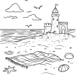 **A simple coloring page for children of A beach scene with a sandcastle, a blanket spread out on the shore, and a ball. A coloring page for kids with crisp lines and a white background, in a simple style with a black outline only. for a simple black and white coloring page, line art, thick lines, easy to color. no shading lavender --v 6.1** - Upscaled (Subtle) by <@1201148944726638674> (fast)