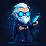 **Futuristic legal wizard mascot, glowing blue eyes, wearing a judge robe mixed with a wizard cloak, holding a digital scroll and a smartphone, cartoonish but clean, high-tech magical vibe, flat design - vector art --s 250** - Image #4 <@844314166369583134>