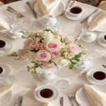 **simple, yet elegant tabletop, view is looking down on it, elegant ivory linen tablecloth, centerpiece of pink and white roses, six (6) steaming coffee cups symmetrically place at each table setting --ar 2:3 --v 7.0** - Image #4 <@1141845422852280493>