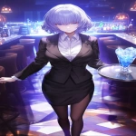 **Anime, A night club filled with smoke and mirrors that reflect the single beauty walking forward, it's a woman in a business jacket and a long pencil skirt, dark brown stockings, she's carrying a tray with a large pitcher of ice, her hair midnight blue with purple tips and short cut hair ending around the shoulders, confident smile, narrow squinting blue eyes, pencil thin black eyebrows flat --ar 3:5 --niji 6** - Image #3 <@372629349565988865>