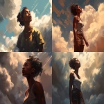 **low angle camera view, a character illustration, a black young muscular woman that made of golden light, she is looking to the sky and trying to reach out the clouds, craig mullins style --ar 4:3 --s 250 --v 5.0** - <@942102369683001474> (fast)