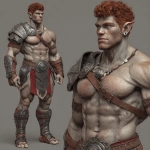 **Character design sheet. Realistic 3d rendering. Character design sheet of a ruggedly handsome, Hyper muscular handsome half orc, bodybuilder, bright silver eyes, short curly red Mohawk, short pointed ears, defined muscles, Huge leg muscles, huge pectoral muscles, big arm muscles, vascular hyper muscular, wide Grecian nose, strong square jaw, defined cheek bones, masculine features, freckles, Bodybuilder, short pointed ears, wearing Roman gladiator armor. --v 7.0** - Image #2 <@1222981214734913607>