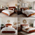 **A bedroom in a desert art deco style with burnt orange colored velvet bed, walnut and gold nightstands, subtle southwest tan rug, all white bedding, art deco palm leaf wallpaper, and mirros with gold pendants over nighstands.** - <@1144662796194287688> (fast)
-# Create, explore, and organize on [midjourney.com](<https://midjourney.com/imagine?from_discord=1>)