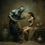 **A Congolese genie with blue grey skin talks to a beautiful vamp. The muscular genie came out of the small golden lamp surrounded by magic multi-coloured smoke, inside the sultan's palace, explaining to beautiful, dark haired awestruck Laetitia that the extant wishes were obsolete. Arabic decor and furniture. smoking a cigar, A genie surrounded by magic multi-coloured smoke talks to a beautiful vamp. sultan's palace, Djinn, provocative odalisque outfit, varnished canvas, chiaroscuro lighting --chaos 9 --sref <https://s.mj.run/lxbdDCVWOk0> --ar 4:5 --v 7.0 --sw 50 --no smoke near mouths** - Image #2 <@988364629556199494>