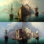 **an old painting of a sailing ship arriving at the bay of a misty city with Mediterranean architecture similar to Constantinople** - <@434064735911280650> (fast)