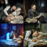 **abrahm vermont, un escritor adulto de 30 años en 1915 en rosario duermiendo acostado en el piso de noche. se tapa con diarios porque no tiene frasada. cubierto por los ejemplares de diario como sabana. 'the vols stimme' su diario escrito en idish litografiado. Vive entre sus palabras en su cuarto muy pequeño de conventillo y con pocas cosas, para escribir y litografia. Luz azulada, un poco de luz blanca desde la ventana que entra, la piel palida. imagen color. Escena de pelicula a color de thirller moderno ambientado en 1910 pero con la calidad actual de cine profesional. Vermont es dejado, tiene bigote largo pero sin barba y poco pelo y un poco gordo, viste formal, pero gastado.** - <@985959374633717780> (fast)