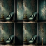 **Dark green and gold vintage wallpaper with a metallic sheen, intricate patterns, and a luxurious feel, set in a dark room. An elegant armchair and coffee table sit in front of the wall, with soft lighting casting gentle shadows on the textured surface. --v 7.0 --ar 3:2** - Pan Right by <@1313000520759377972> (fast)