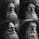 **realistic portrait of a slightly younger wise man with a long white beard and intense eyes, wearing a dark hooded cloak, head slightly tilted upward and facing 3/4 angle, cinematic lighting, ultra-detailed facial texture, soft shadows, ethereal glowing light behind the head, subtle mystical atmosphere, monochrome black and white, 8k, hyperrealistic photography style --ar 3:4 --v 6.0 --no hand, staff, medallion, background symbols --raw** - Variations (Strong) by <@1146806236982034432> (fast)