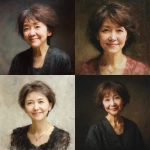**Yoko Hada, a Japanese woman in her early 60s. Her hair is somewhat short for a woman, with a slight brown tint. She smiles gently, her eyes soft and embracing. She has a slightly plump figure but is short in stature. Portrait. Oil painting style.** - <@1105655477741813870> (fast)
