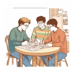 **Ghibli style graphic of 3 male college roommates contently doing a project together at a table. --v 5.0** - Image #1 <@1090435486935433258>