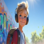**a medium shot of a realistic illustrated happy 7-year-old Caucasian male student from America, they have a well-defined nose and a well-defined jawline, they have blue eyes and straight blonde hair, they stand with their head and neck and shoulders completely square to the camera and facing forward, their entire body is facing forward, they wear a backpack, they have large headphones on their head, they stand in front of a white wall with bright graffiti art spray painted on it, it is daytime, the sun is shining bright, high-definition, anime-style, --ar 16:9 --niji 6** - Image #2 <@1065025086664474674>