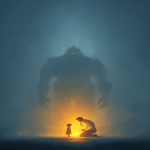 **A vertical, cinematic scene set in thick, misty fog. In the background, a colossal, ghostly figure stands facing directly forward the massive shoulders and torso of a humanoid giant with a head made entirely from the U.S. Capitol dome. The dome is seamlessly integrated, intimidating, expressionless, and symbolic of systemic power and political threat. The giant looms in silence, ethereal and cold, with minimal detail except strong architectural and structural weight in its form. In the foreground, a glowing doctor figure kneels with deep compassion. The figure is made entirely of radiant light warm gold and white and is gently listening to the heartbeat of a small glowing child using a clearly visible stethoscope. The doctor’s posture is intimate and protective. The child stands calmly, trusting. Both figures glow from within and are the only light source in the scene, casting light into the fog that gently reveals the presence of the looming Capitol-giant. The composition emphasizes the massive scale contrast between the giant and the glowing human figures. Visual style is painterly or digital illustration poster-ready, dramatic, and reverent. Chiaroscuro lighting, soft fog diffusion, and strong emotional impact. Use warm glow for the figures and cool grays and blues for the giant and background. Emotion: quiet defiance, compassion under pressure, light in systemic darkness. --ar 2:3 --v 7.0** - Image #2 <@801873084395028480>