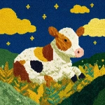 **a cow in the style of knitted art is seen eating grass on an illustration with bold colors and patterns, featuring blue sky and yellow stars. the pattern includes colorful details such as brown dots and white stripes on its fur, which adds to it's playful character. a green patch can be visible at bottom right corner of the scene, indicating that we may see more grass or other elements around. this design would create a whimsical atmosphere for any wallpaper or background use.** - Image #4 <@1263833281322029154>