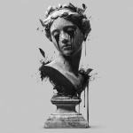 **Design a greyscale, hyper realistic, female, stone bust, with stand, hyper realistic stone texture, head slightly angled, liquid dripping from the inner corners of eyes, ink splatter background, overall the design is vertically elongated and taller than it is wide --v 7.0** - Image #3 <@1116424656908464158>