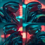 **realistic cyberpunk black female at night in a neon city background, red and turquoise. Strong with light from above, on the face. High contrast. The female is looking towards the camera 3/4 view, she has braids and a side shave, glowing eye cyber gear, glowing ear cyber gear. --ar 9:16 --v 7.0** - Variations (Strong) by <@1174469651695144981> (fast)
-# Create, explore, and organize on [midjourney.com](<https://midjourney.com/imagine?from_discord=1>)