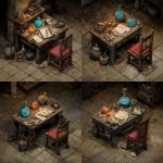 **dnd; small spartan egyptian room with a simple table and chair; dishelvled and dirty and messy; on the table are two flasks of a magic healing potion and several scrolls** - Variations (Strong) by <@771747841559232613> (fast)