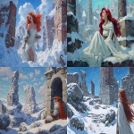 **in the frozen north, the Frost Giant's daughter, beautiful, with snow white skin and long flowing red hair, dressed only in a long white silk scarf, laughs evilly among snow-covered ancient ruins, epic fantasy painting in acrylics, --ar 11:8 --chaos 5** - <@487565392546496524> (fast)