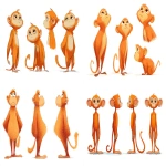 **Pixar-style cartoon character sheet of an orange monkey, smooth skin (no fur), large rounded head blending into torso, short legs, intentionally asymmetrical design: very large and elongated left ear, small rounded right ear, left eye smaller, right eye larger, cute and expressive, full-body standing pose, concept art style, non-symmetrical face, white background style cute --ar 3:2** - <@1233005194753609839> (fast)