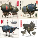 **a dnd style concept art with Ashley Wood details of two feudal japan wooden and old iron nuclear powered bomber drones, Japan Meiji era armada, have different number in the body, same size but not identical, dark industrial scifi style, labeled as armada best units, black-sand color with navy accents and small hi-viz lime and red hazard markings, mechanical details, Japanese characters graffiti on the bombs, realistic look, moody atmosphere, a little bit foggy, signal towers, various size nobori, various size lanterns, robotic-mechanical arms, have japanese anime mural on the body, signal cabbles, on a white background in the style of Studio Ghibli and Makoto Shinkai, cel-shaded, full-body, cartoon, 2D game art --ar 11:5 --v 7.0** - <@1043498067623686144> (fast)