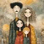 **whimsical photorealistic illustration of a fathers d mother with their girl and boy, father has black hair and a moustache, he’s wearing glasses, mother has curly blonde hair and she’s wearing glasses girl has dark brown hair and she’s wearing glasses, son has light brown hair --v 7.0 --p b3kgthr --s 750** - Image #2 <@520759084903956481>