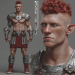 **Character design sheet. Realistic 3d rendering. Character design sheet of a ruggedly handsome, Hyper muscular handsome half orc, bodybuilder, bright silver eyes, short curly red Mohawk, short pointed ears, defined muscles, Huge leg muscles, huge pectoral muscles, big arm muscles, vascular hyper muscular, wide Grecian nose, strong square jaw, defined cheek bones, masculine features, freckles, Bodybuilder, short pointed ears, wearing Roman gladiator armor.** - Image #4 <@1222981214734913607>