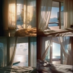 **Captured by a world-class luxury architectural and interior photographer, renowned for editorial storytelling and natural light mastery rich, pronounced 35mm film grain, subtle frame edge softness, authentic Kodak Portra 160 film texture pushed one stop, halation bloom on highlights, gentle color shift in shadows for analog realism, shot on Hasselblad 500CM from inside the bedroom, framing open sliding glass doors to the balcony. Foreground shows the edge of the bed and linen folds, while sheer curtains sway inward, frozen mid-curve as sunlight wraps around their edges. The breeze causes faint ripples in the balcony’s reflecting water dish, catching glints of soft light. Lifted shadows, warm neutral daylight, motion carefully balanced with crisp detail in still elements, editorial lifestyle framing.** - <@837237355722571776> (fast)