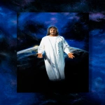 use this image to show a photorealistic Jesus holding out a matching set of new bible and book of mormons to us.