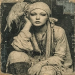 **1920 woman sitting in a robe holding a prophetic iris ball of crystal, exaggerated dark makup in the eyes, staring the camera, very old ferrotype crackled borders photography, in the style of ritualistic masks, vaudeville presentation, contemporary ferrotype photography, wiccan, indian scenes, 1920s --ar 87:112 --stylize 750 --v 7.0** - Image #3 <@1054482006731395092>