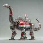 **a 3d rendered image of an industrial-style diplodocus robots with a glass chest head and iraq flag colour scheme metallic metal, an ultra-detailed illustration in the style of Atey Ghailan and Jacek Yerka, ultra-high resolution, in a dynamic pose, 4k --ar 13:20 --v 7.0** - Image #2 <@1087506013407695028>
