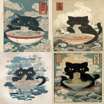 **Ukiyo-e Japanese woodblock print style, portrait composition, centered charming cat eating a bowl of ramen noodles, Edo period illustration influence, bold clean ink outlines, flat layered colors, limited traditional Japanese palette, stylized steam rising vertically, decorative wave and cloud motifs framing the subject, washi paper texture, subtle grain, vintage woodblock aesthetic, high contrast, clean silhouette for apparel design, no background clutter, t-shirt graphic ready --ar 9:16** - <@409716268476923920> (fast)