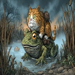**cartoon of a ginger tabby cat, riding a giant brain frog, through a misty marsh, --ar 16:9 --v 7.0 --p c6gvkbp** - Image #2 <@404556944502685697>