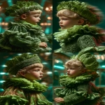 **Abstract, long-exposure portrait of a kid dressed as a head of lettuce in Belle Epoque fashion, their silhouette blurred in fluid motion beneath flickering gaslight chandeliers. Cascading layers of delicate lettuce ruffles and lace sleeves dissolve into painterly streaks, evoking a surreal fusion of haute couture and garden whimsy. The darkened room suggests a velvet-draped Parisian theatre, bathed in grainy soft focus and lit by ethereal turquoise and dusky rose highlights, casting shimmering reflections on lacquered floors and stained-glass panels. Their verdant costume flows like ink in water, caught mid-gesture in a ghostly sweep of time. A nostalgic film grain overlays the entire image, like a lost glass-plate negative, while soft light blooms around their figure, forming a gentle halo of innocence and mystery. The mood is poetic and otherworldly as if captured during a Belle Époque séance inside an art nouveau dream. High resolution, surreal motion blur, tonal color grading, and cinematic lighting. --ar 2:3 --profile sdrrzng --ow 50 --stylize 350 --oref <https://s.mj.run/5UfkGHZpf1w> --c 55 --v 7.0** - Variations (Strong) by <@1197624915298357348> (relaxed)